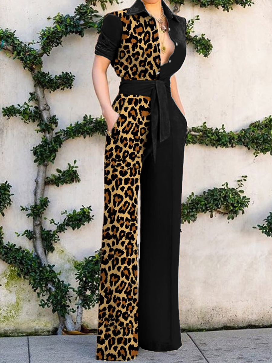 Fashion Color Block Leopard Print Button up Jumpsuit Women
