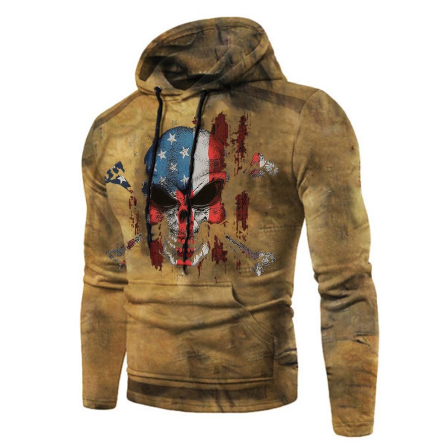 

Mens Outdoor American Flag Style Skull Printed Hooded Sweatshirt