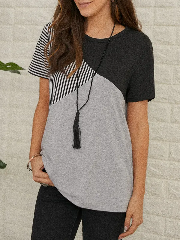 Women's Casual Striped Print Hit Color Short-sleeved T-shirt - Oasisjoy.com 