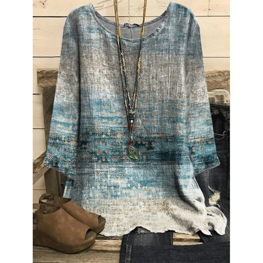 

Round Neck Retro Print Loose Casual Long Sleeve Blouse