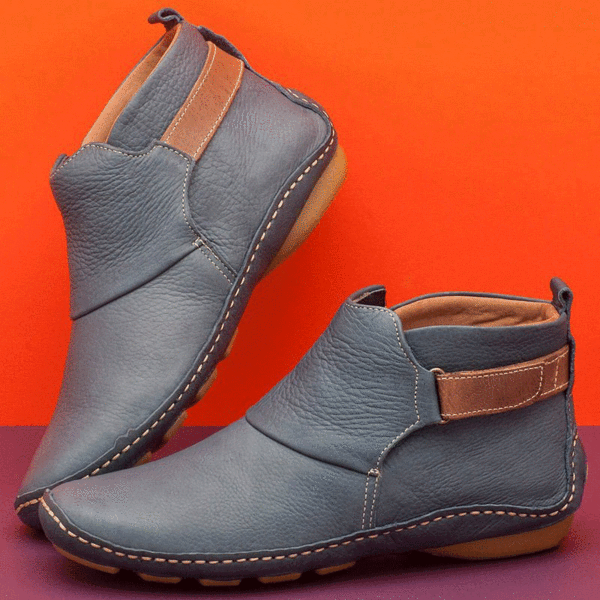 Vintage Handmade PU Leather Velcro Flat Ankle Boots - Oasisjoy.com 