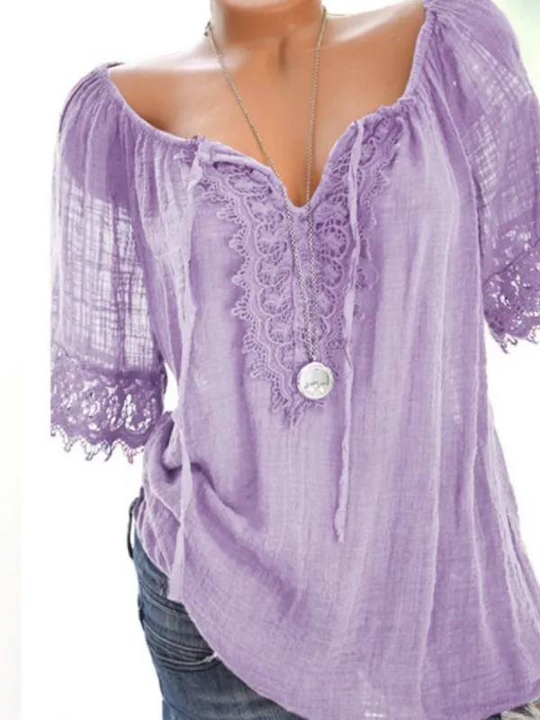 Spring Summer Polyester Women Tie Collar Decorative Lace Plain Short Sleeve Blouses - Funluc.com 