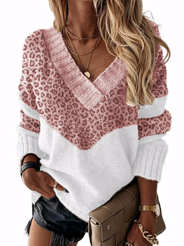 Autumn/winter V-neck Color-blocking Leopard-print Knit Pullo - Funluc.com 