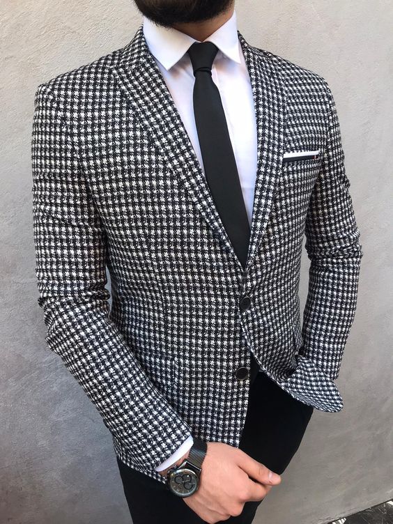 Men's Gentleman Black And White Plaid Evening Formal Suit