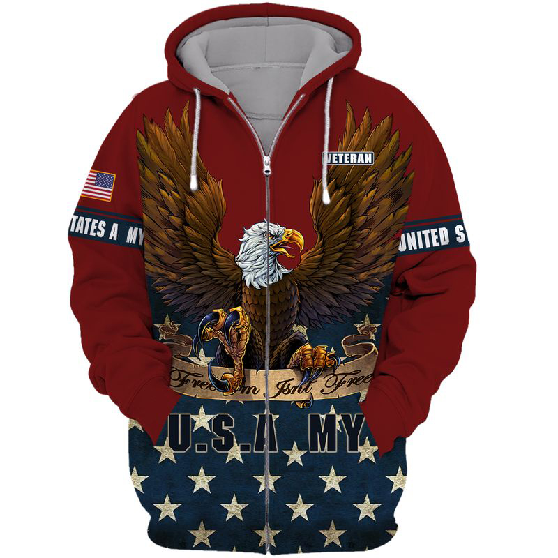 Us Army Veteran American Chic Flag Eagle Print Men's Casual Hooded Sweatshirt Jacket