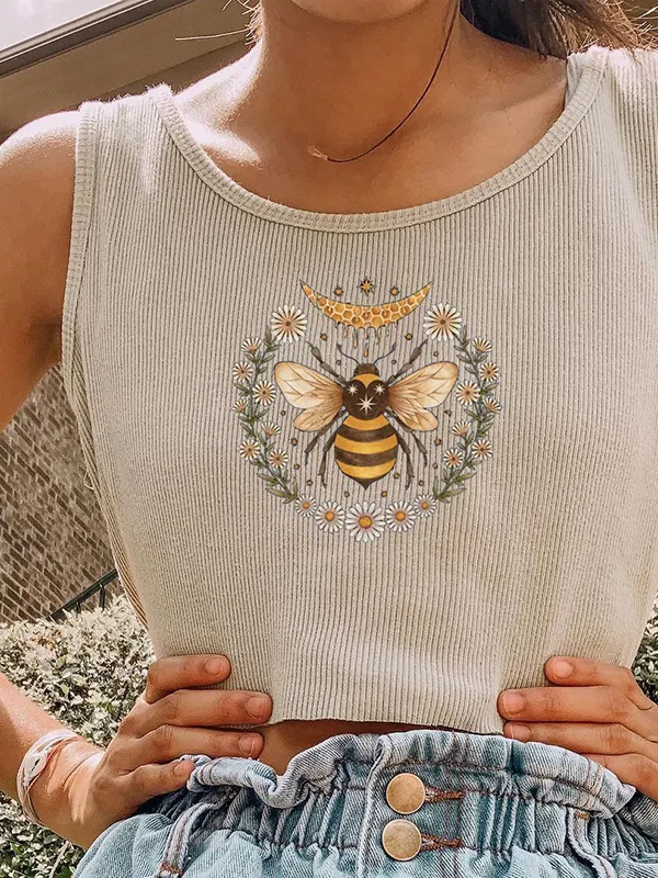 Vintage Bee Flower Print Vest - Oasisjoy.com 