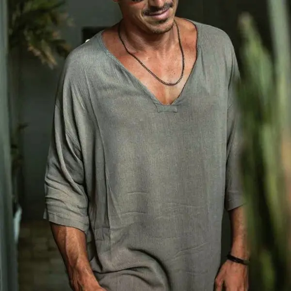 Men's Linen Simple Three-quarter Sleeve Shirt - Honeylop.chimpone.com 