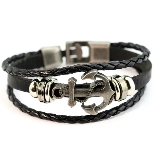 Cross-border Foreign Trade Wish Fashion Anchor Leather Bracelet European And American Hand-woven Multi-layer Men's Hand Rope Retro Bracelet - Villagenice.com 