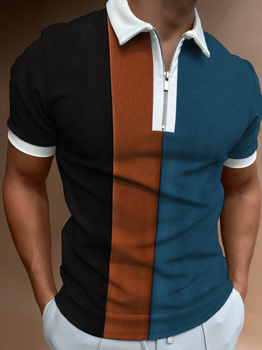 Men's Casual Style Summer Chic Daily Stitching Zipper Design Polo Collar Short-sleeved T-shirt
