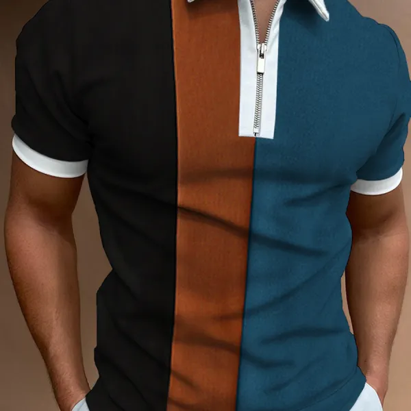 Men's Casual Style Summer Daily Stitching Zipper Design Polo Collar Short-sleeved T-shirt - Enocher.com 