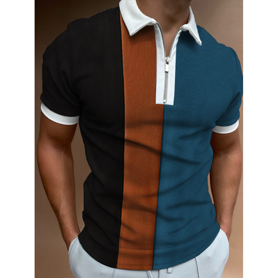 Men's Casual Style Summer Daily Stitching Zipper Design Polo Collar Short-sleeved T-shirt