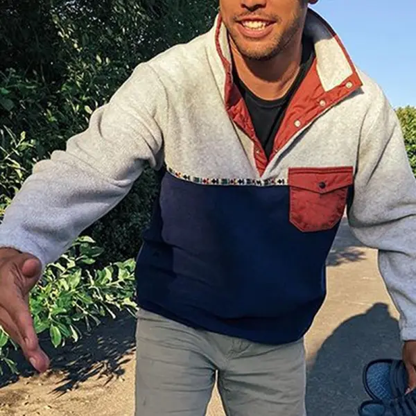 felpa casual da uomo polo in pile a contrasto di colore retrò - Faciway.com 
