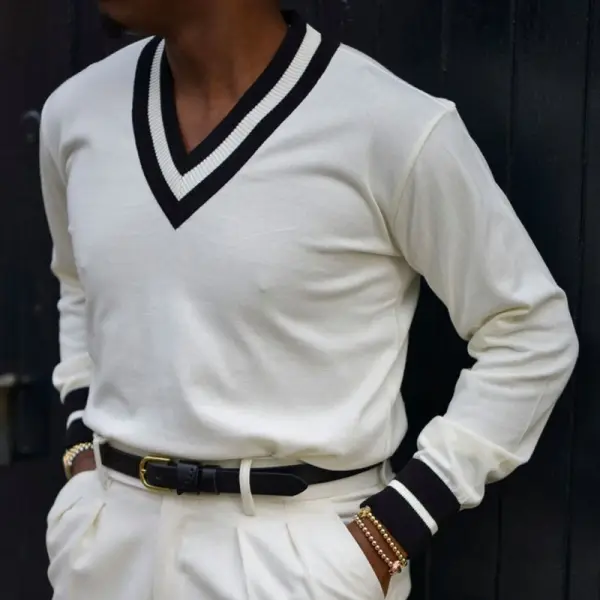 Retro Gentleman schlichter kontrastfarbener Pullover mit V-Ausschnitt - Woolmind.com 