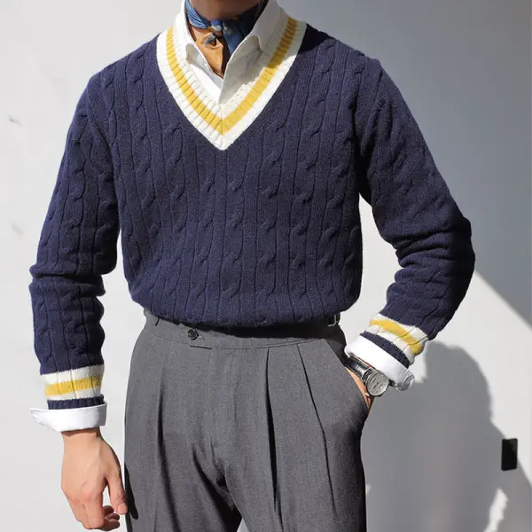 Suéter cavalheiro retro simples cor com decote em V - Woolmind.com 