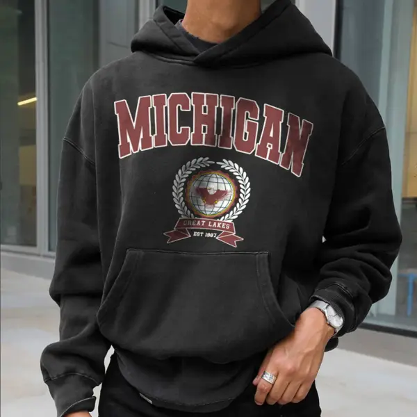 Sweat à Capuche Imprimé Michigan Rétro Pour Hommes - Faciway.com 