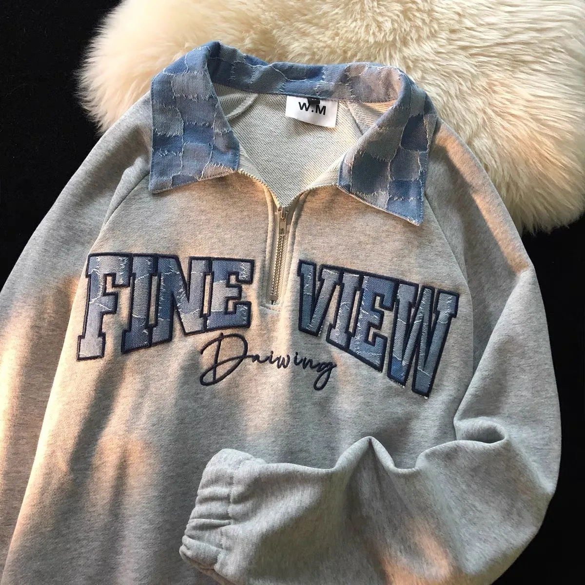 Unisex Denim Collar Panel Collegiate Polo Sweatshirt