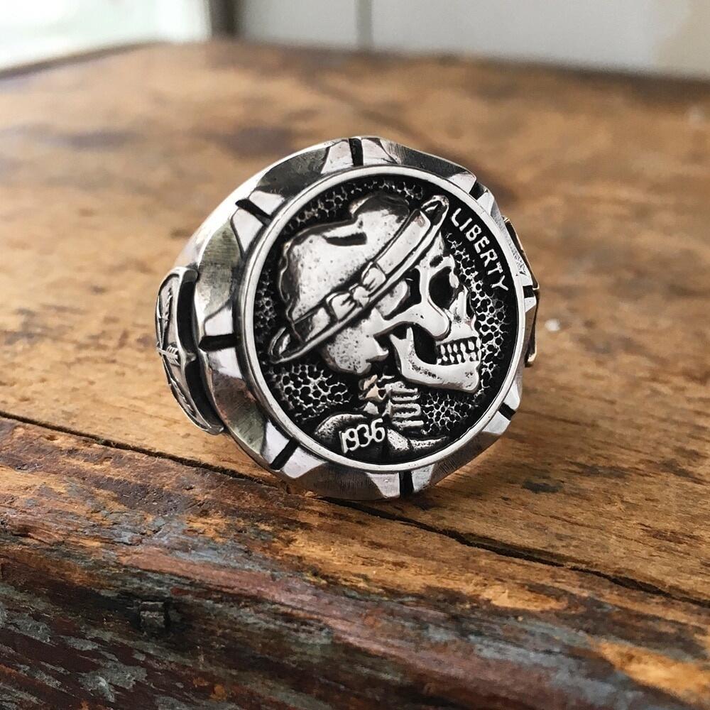 Wish Hot Selling Fashion Punk Skull Ring Mexican Indian Bike Style Silver Coin Men Ring