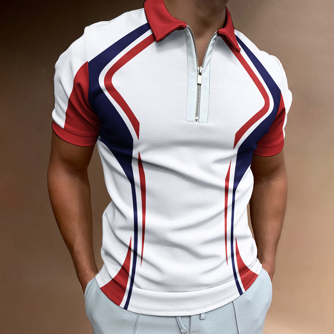 Men's Sports Tops Color Matching Short Sleeve Zipper Polo Shirt