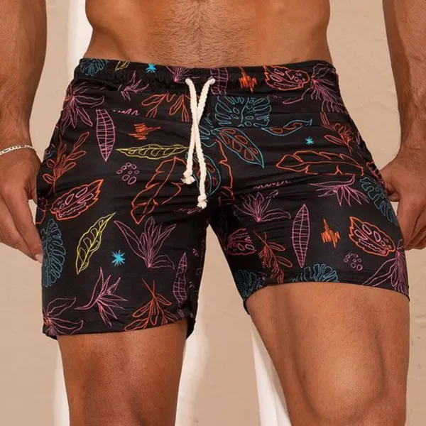 Men's Casual Print Shorts Lace-Up Leaf Pattern Beach Shorts - Menilyshop.com 