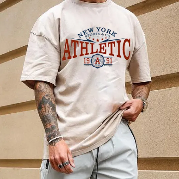 Men's American Retro Street Trend Loose Casual Apricot Letter Print T-Shirt - Chrisitina.com 