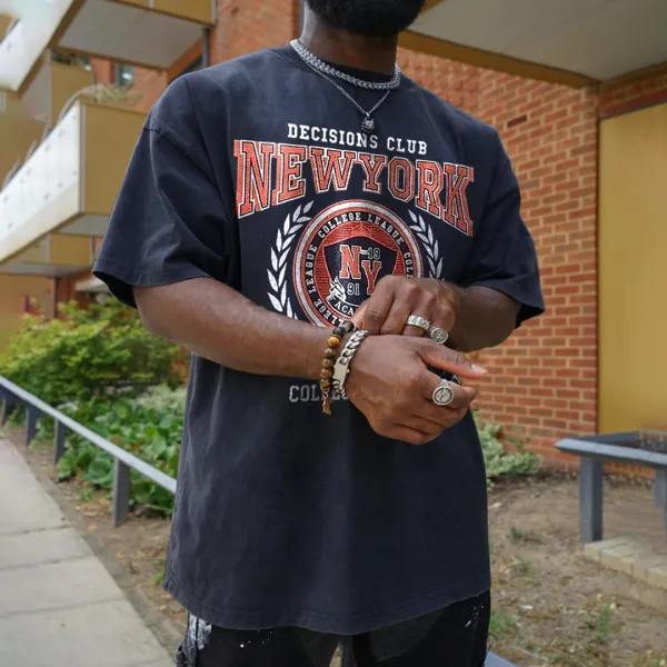 Retro Oversized Men's New Yourk Print T-shirt - Faciway.com 