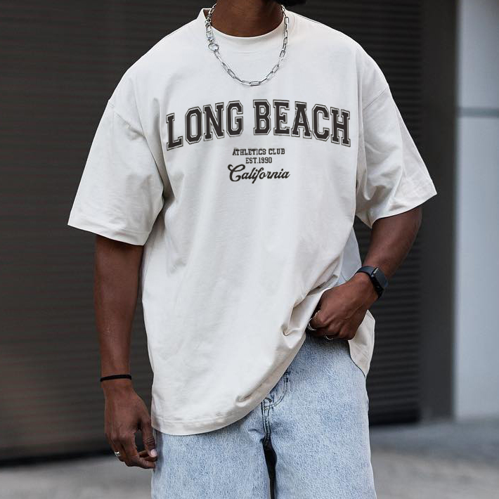 Men's American Retro Street Chic Trend Loose Casual Light Grey Letter Print T-shirt