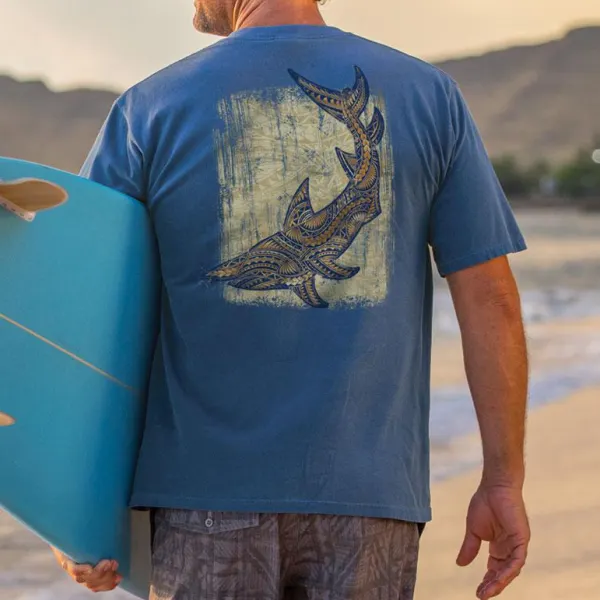 Short-Sleeve Tribal Deco Shark Blueberry Crewneck T-shirt - Salolist.com 