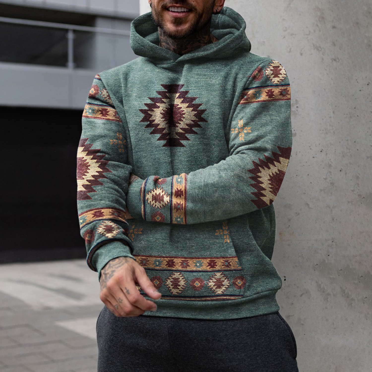 Vintage Men's Casual Western Chic Ethnic Geometric Print Hooded Sweatshirt