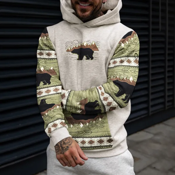 Men's Casual Bear Ethnic Geometric Colorblock Hooded Sweatshirt - Paleonice.com 