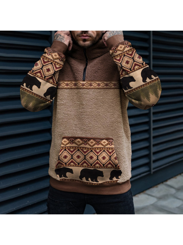 Retro Men's Casual Bear Geometric Ethnic Print Collage Sherpa Hoodie