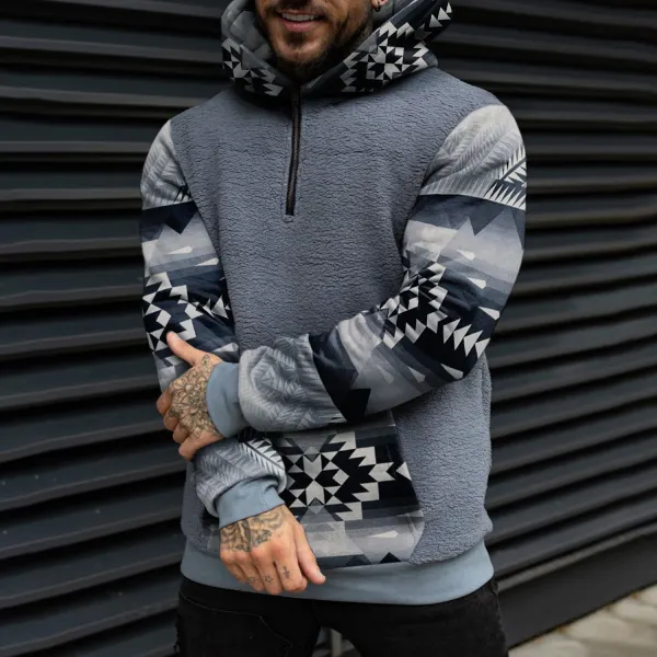 Retro Men's Casual Geometric Ethnic Print Collage Sherpa Hoodie - Mobivivi.com 