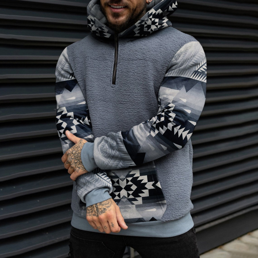 

Retro Men's Casual Geometric Ethnic Print Collage Sherpa Hoodie