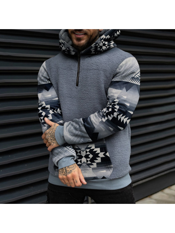 Retro Men's Casual Geometric Ethnic Print Collage Sherpa Hoodie