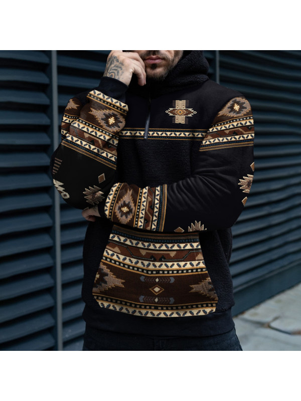 Men's Casual Western Ethnic Colorblock Sherpa Hoodie