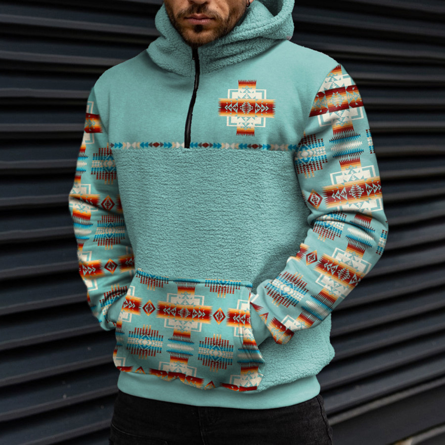 

Men's Casual Geometric Ethnic Print Collage Sherpa Hoodie