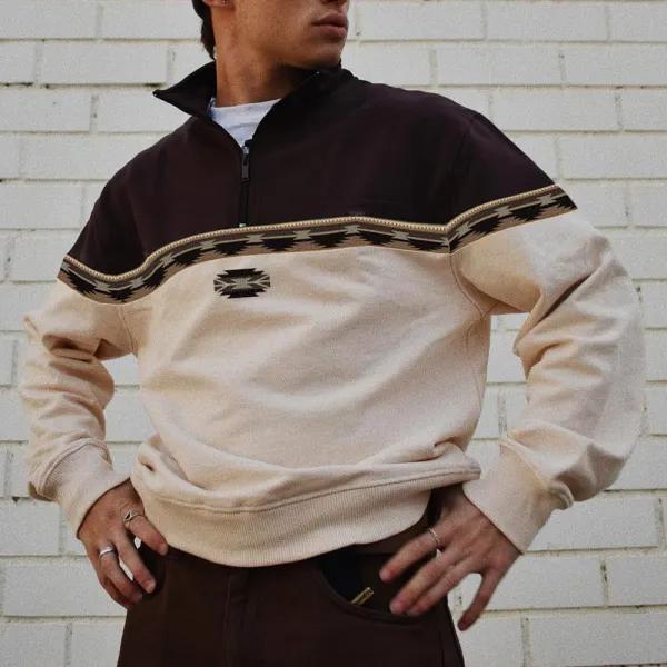 Men's Vintage Print Polo Neck Sweatshirt - Faciway.com 