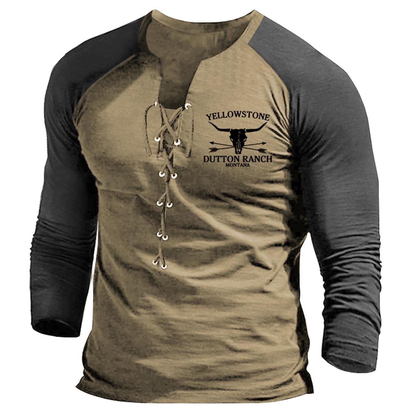 Men's Vintage Yellowstone Skull Chic Bull Colorblock Lace-up T-shirt