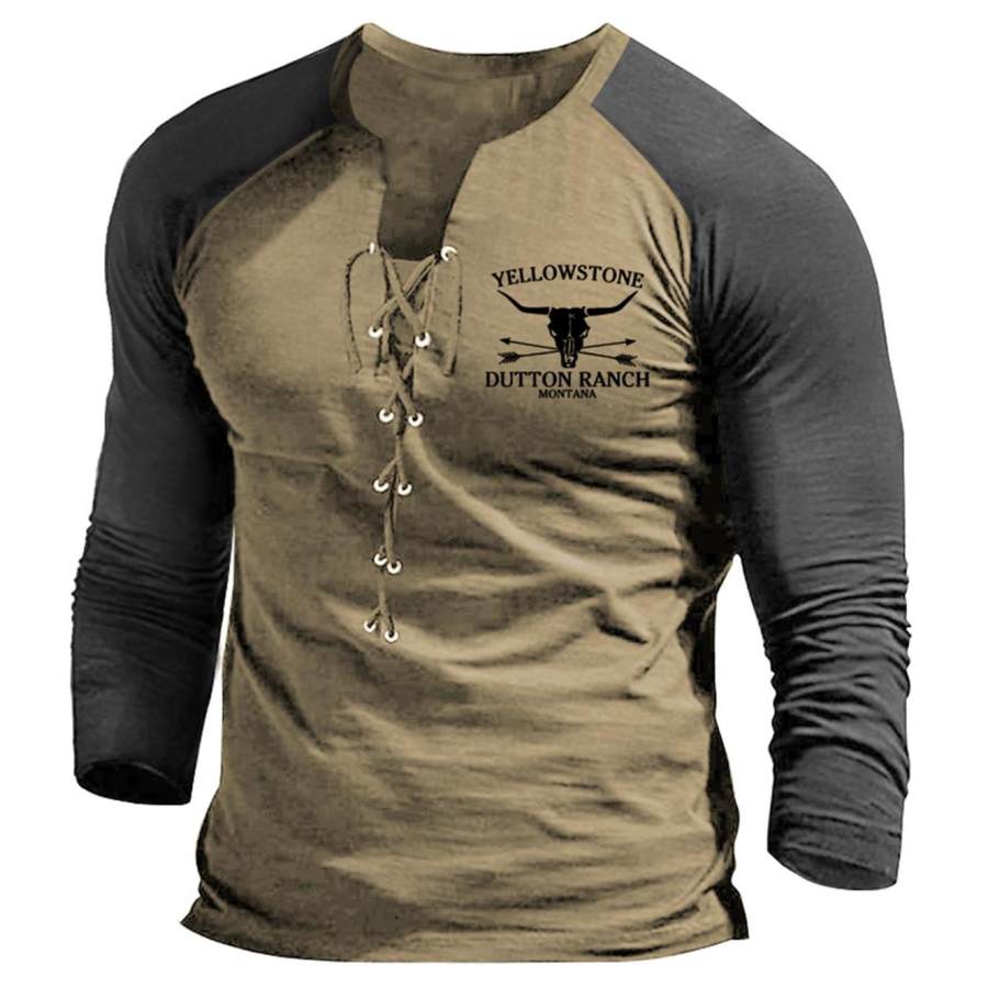 

Men's Vintage Yellowstone Skull Bull Colorblock Lace-Up T-Shirt