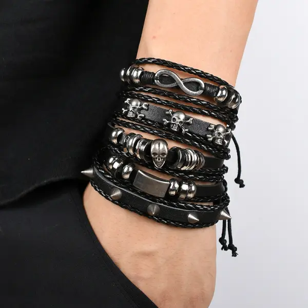 Vinatge Gothic Punk Skull Metal Multilayer Leather Bracelet - Faciway.com 