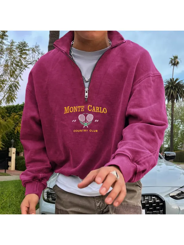 Vintage Unisex Monte Carlo Country Club Polo Collar Sweatshirt Zip Half Open Collar Pullover Sweatshirt - Ootdmw.com 