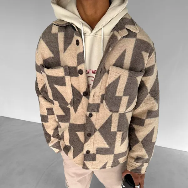 Unisex Geometry Print Regular Fit Pocket Fleece Shirt/Coat - Faciway.com 