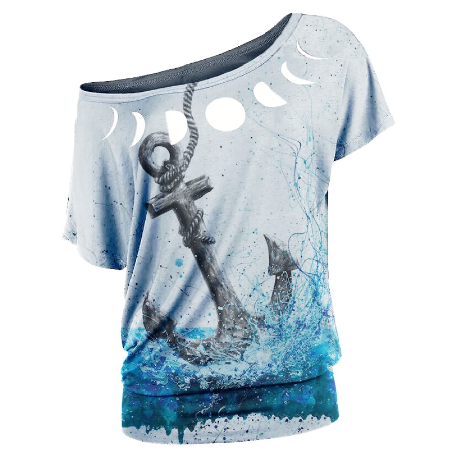 

Womens casual printed hollow T-shirt