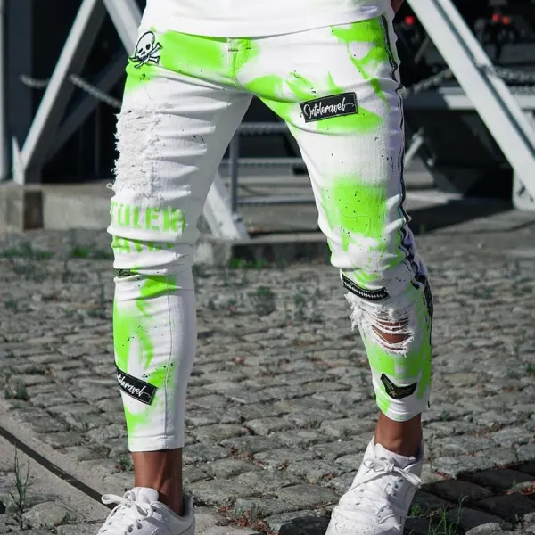 Mens fashion ripped graffiti casual pants - Villagenice.com 