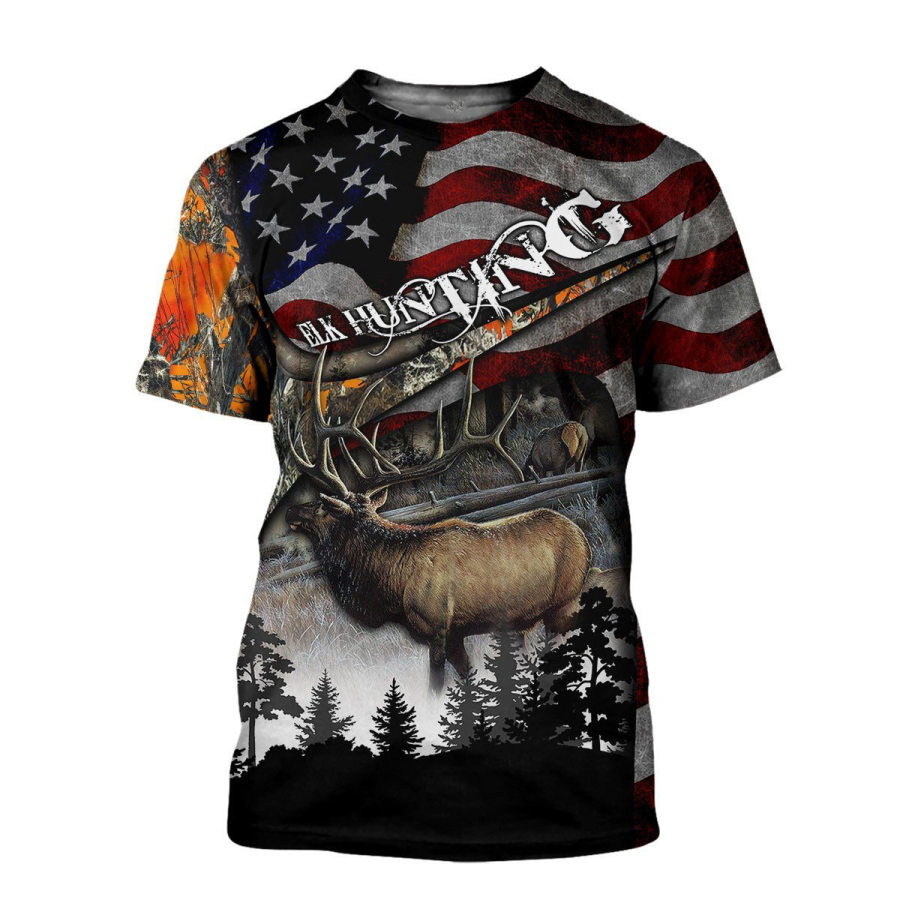 

[Original] European and American large size breathable road printing American flag hunting deer outdoor hunting couple creative sports short sleeve