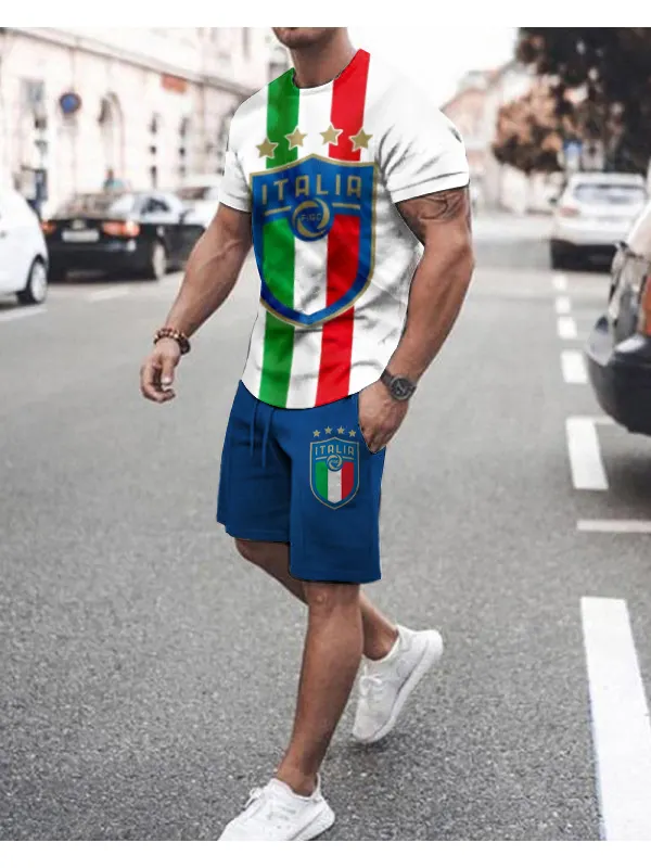 Mens Fashion Italy Football Logo Print Sports Casual Suit - Anrider.com 