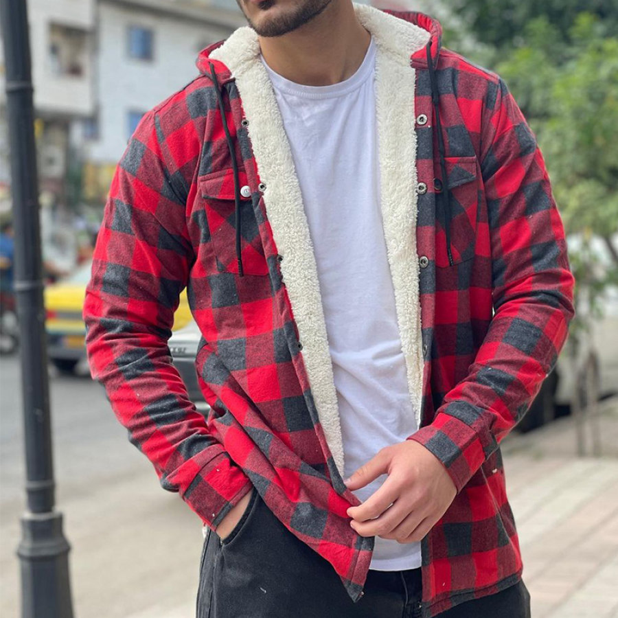 

Men's Plaid Plus Velvet Padded Hooded Jacket