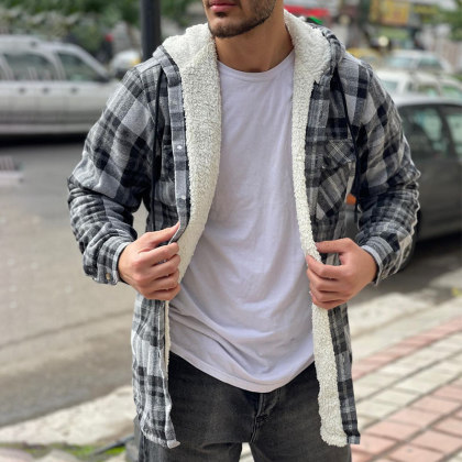 Men's Plaid Plus Velvet Padded Hooded Jacket
