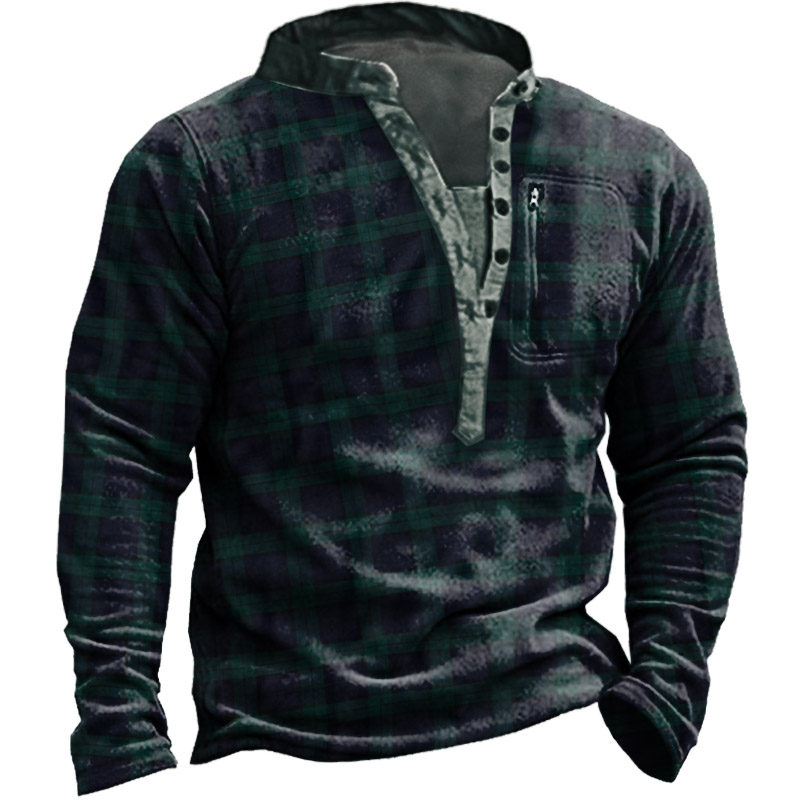 Men's Outdoor Retro Plaid Polar Fleece Henley Collar Tactical Sweatshirt