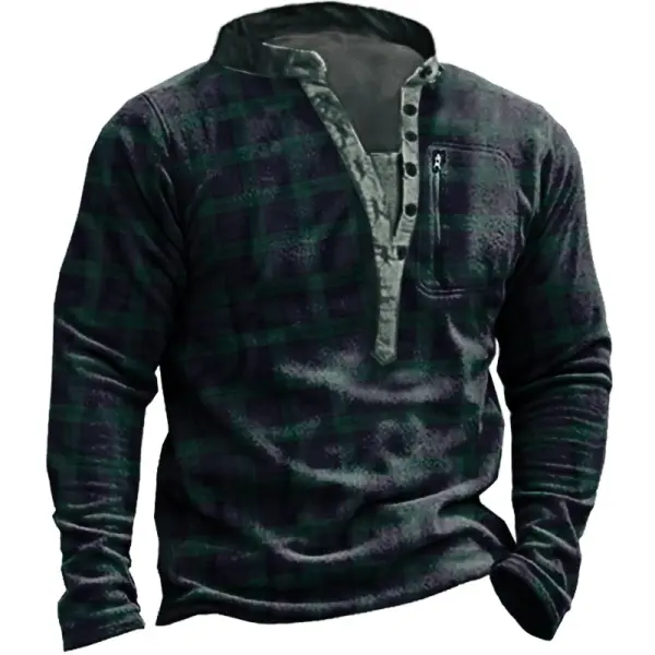 Sudadera Con Cuello Henley De Forro Polar A Cuadros Retro Al Aire Libre Para Hombre - Kalesafe.com 