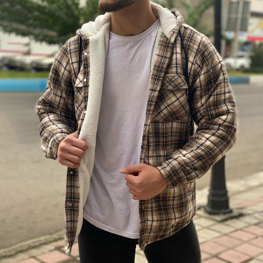 

Men's Plaid Plus Velvet Padded Hooded Jacket